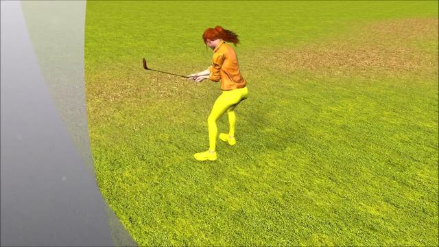 Короткий удар по мячу в гольфе с поворотом направо 3Д анимация
