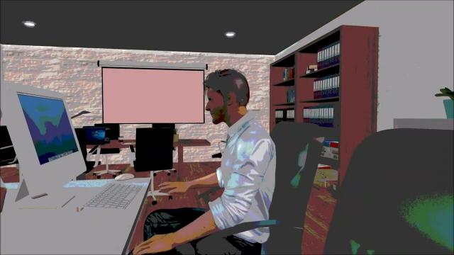 Мужчина сидит перед монитором компьютера  3Д Анимация