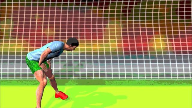 Вратарь в прыжке пропускает мяч 3Д анимация