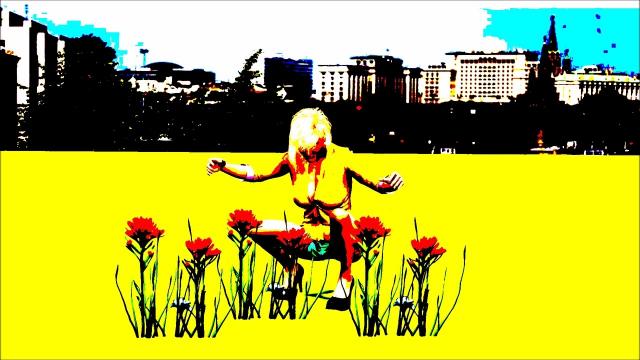 Сидя на корточках рассматривает цветы 3Д анимация